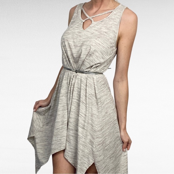 Umgee USA | Heather Taupe Beige Sleeveless Criss Cross Asymmetric Tunic Dress - Picture 2 of 7